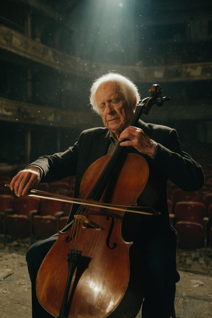 Cinematic photograph of an elderly cellist with white hair, frozen mid-bow in an abandoned theater under a single spotlight.