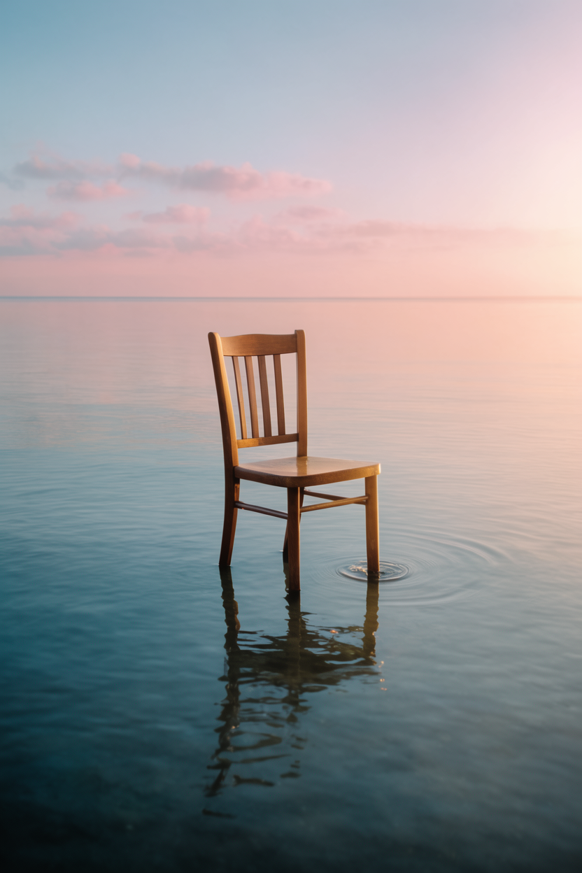 Fine art photograph of an empty wooden chair on a mirror-still sea at sunrise, pastel pink and blue sky.