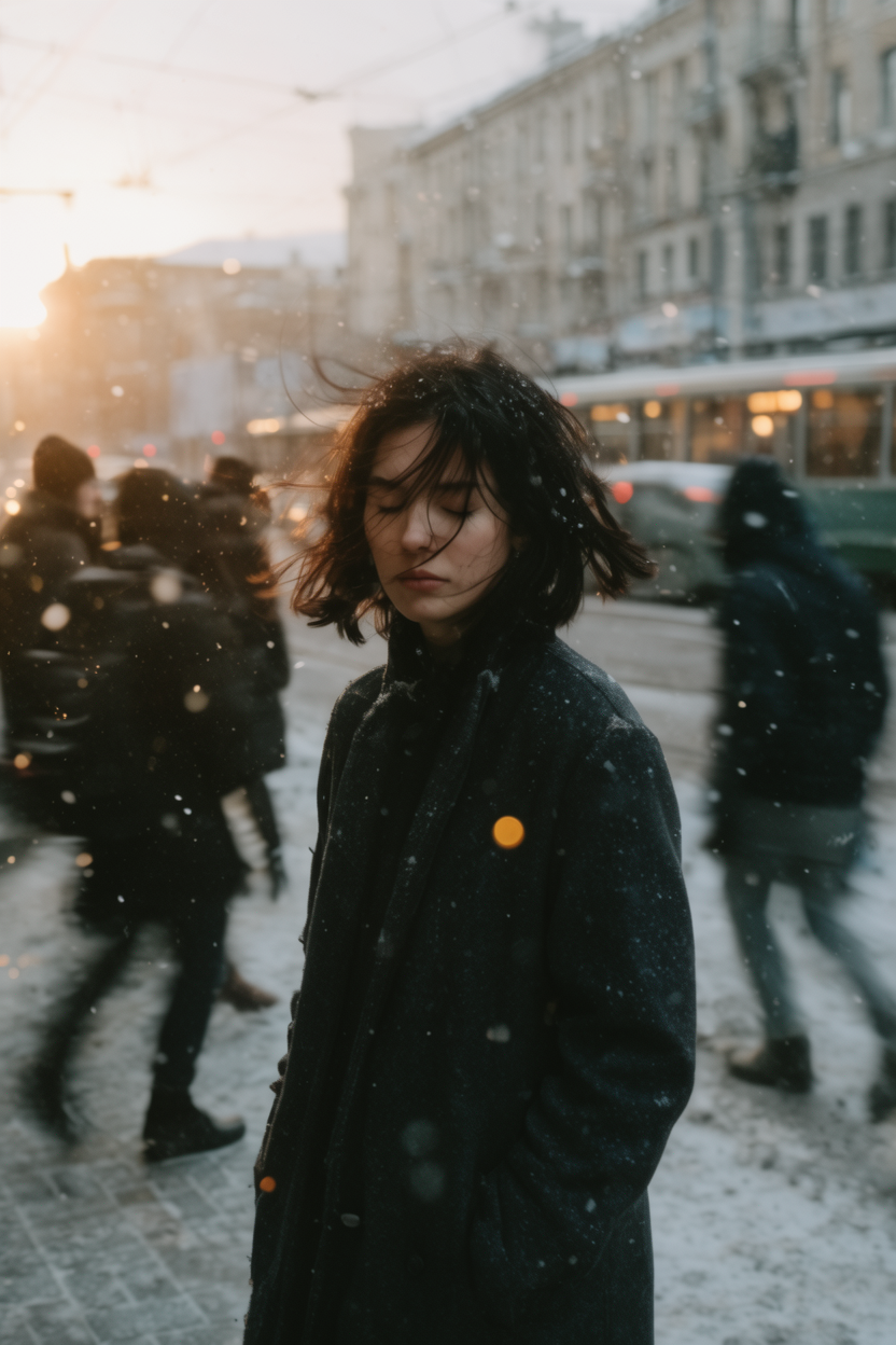Street photograph of a young woman with windswept hair standing motionless as pedestrians blur past her in winter snow.