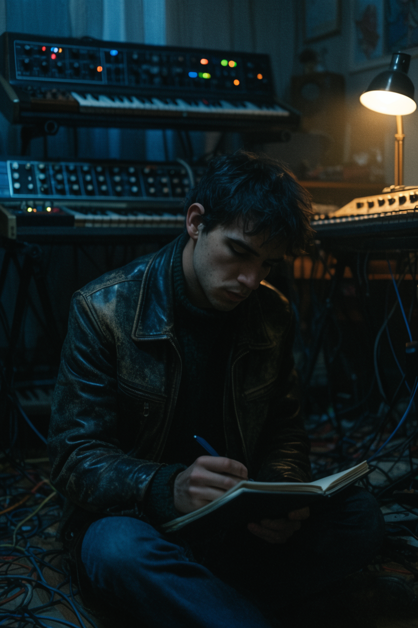 Dark cinematic photograph of a young man in a leather jacket sitting on the floor of a home studio with vintage synthesizers, lit by a single warm desk lamp.