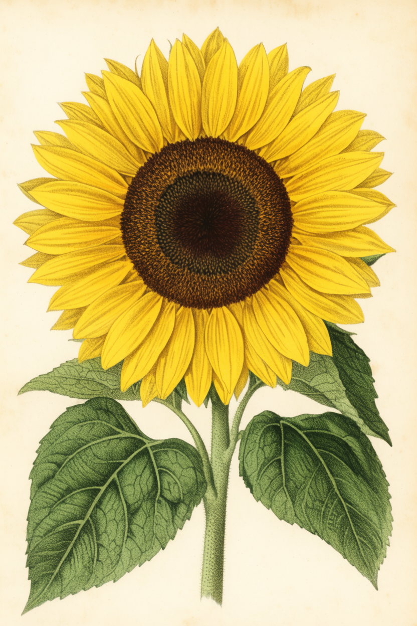 Botanical illustration of a sunflower in full bloom with stipple shading and intricate vein detail on cream antique paper.