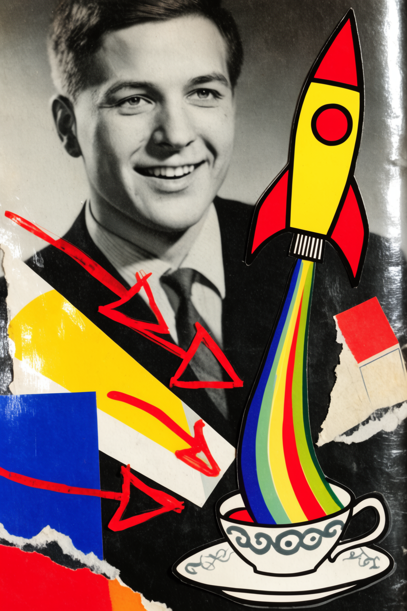 Mixed media pop art collage of a 1960s Soviet science textbook page with a yellow rocket, rainbow smoke, teacup and red arrows.
