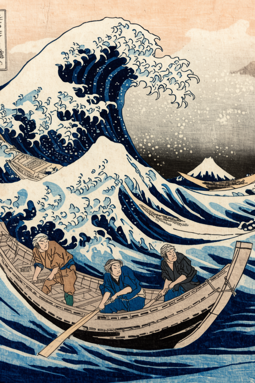 Ukiyo-e woodblock print in Hokusai style: a great wave curling over a fishing boat with Mount Fuji visible through the spray.